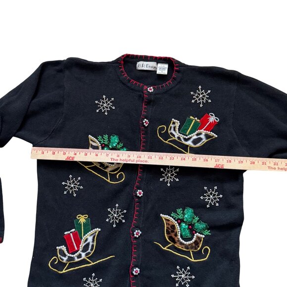 Vintage B.P. Design Christmas Sweater Cardigan Large Black With Embroidered Sled - Picture 5 of 9